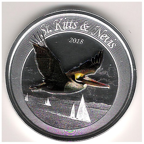 ST. KITTS & NEVIS, 2 $ PLATA (1 OZ. 999 mls) 2018 PELÍCANO MARRÓN PROOF COLOREADO