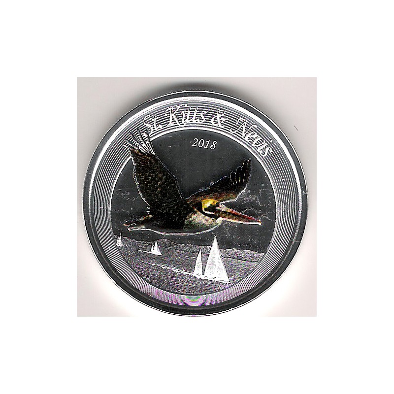 ST. KITTS & NEVIS, 2 $ PLATA (1 OZ. 999 mls) 2018 PELÍCANO MARRÓN PROOF COLOREADO
