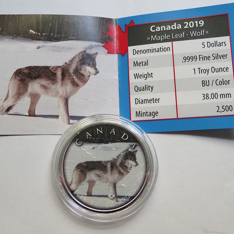 Canadá, 5 $ Plata ( 1 OZ. 999 mls. ) Maple "On the Trails of Wildlife ": Wolf