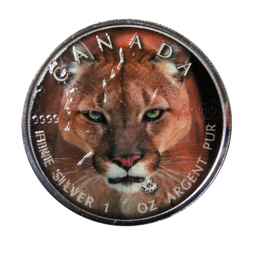 Canadá, 5 $ Plata ( 1 OZ.  999 mls. ) Canada's Wildlife coloreada, Jaguar.