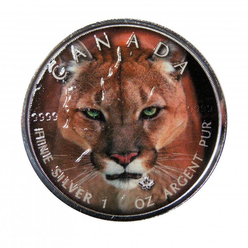 Canadá, 5 $ Plata ( 1 OZ.  999 mls. ) Canada's Wildlife coloreada, Jaguar.