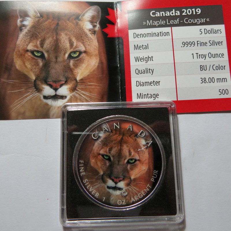 Canadá, 5 $ Plata ( 1 OZ.  999 mls. ) Canada's Wildlife coloreada, Jaguar.