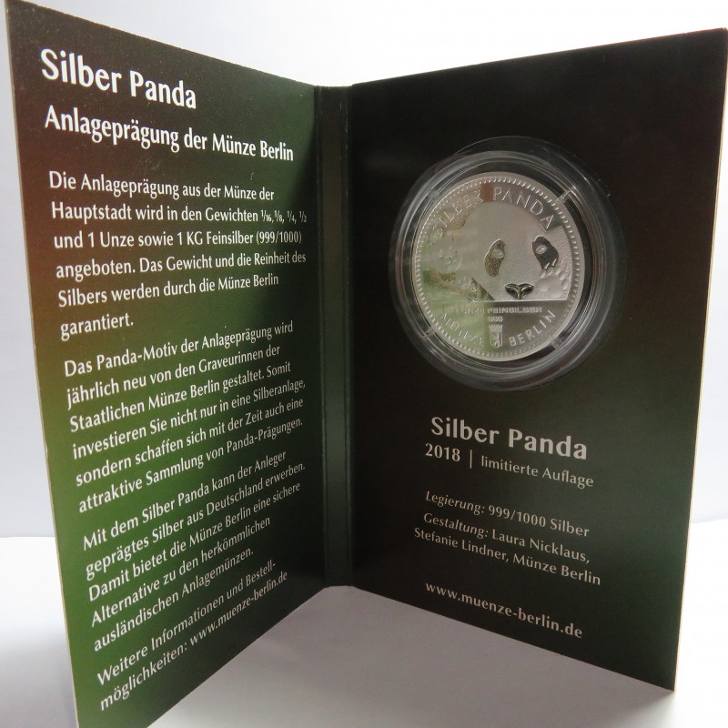 Alemania, 1 onza plata ( 31,10 gramos, ley 999 mls. ), Panda de Berlín, Cartera oficial.