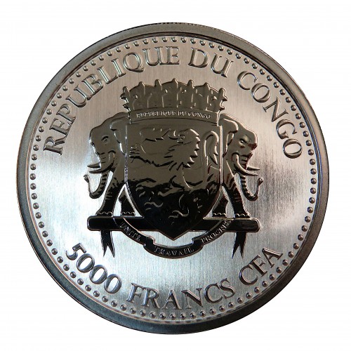 CONGO, 5000 FRANCS PLATA (1 OZ. 999 mls) GORILA ESPALDA PLATEADA2019 BU