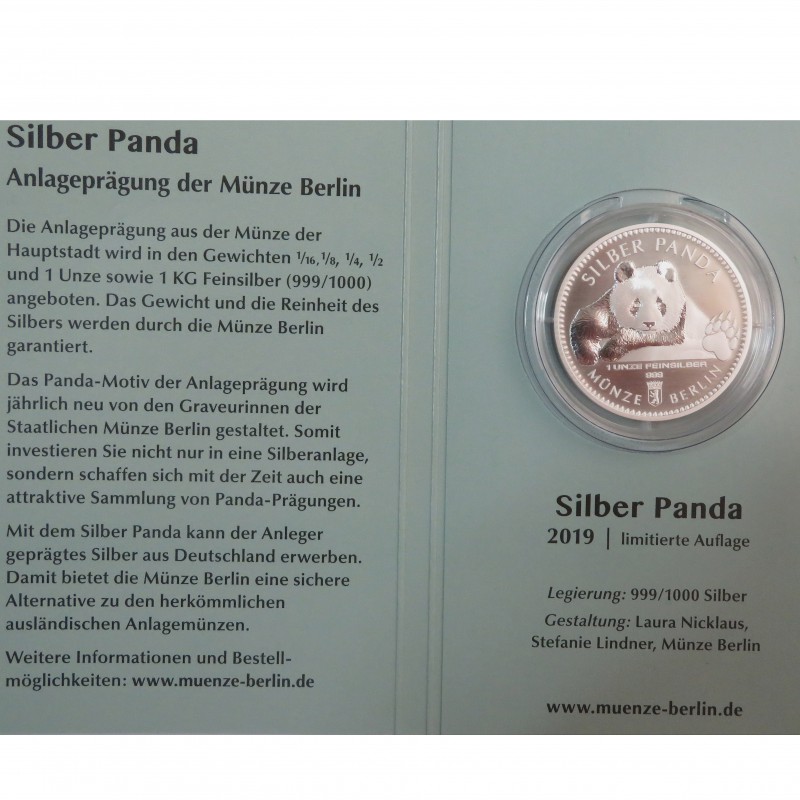 Alemania, 1 onza plata ( 31,10 gramos, ley 999 mls. ), Panda de Berlín 2019, Cartera oficial.