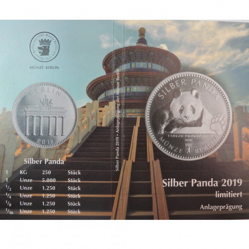 Alemania, 1 onza plata ( 31,10 gramos, ley 999 mls. ), Panda de Berlín 2019, Cartera oficial.