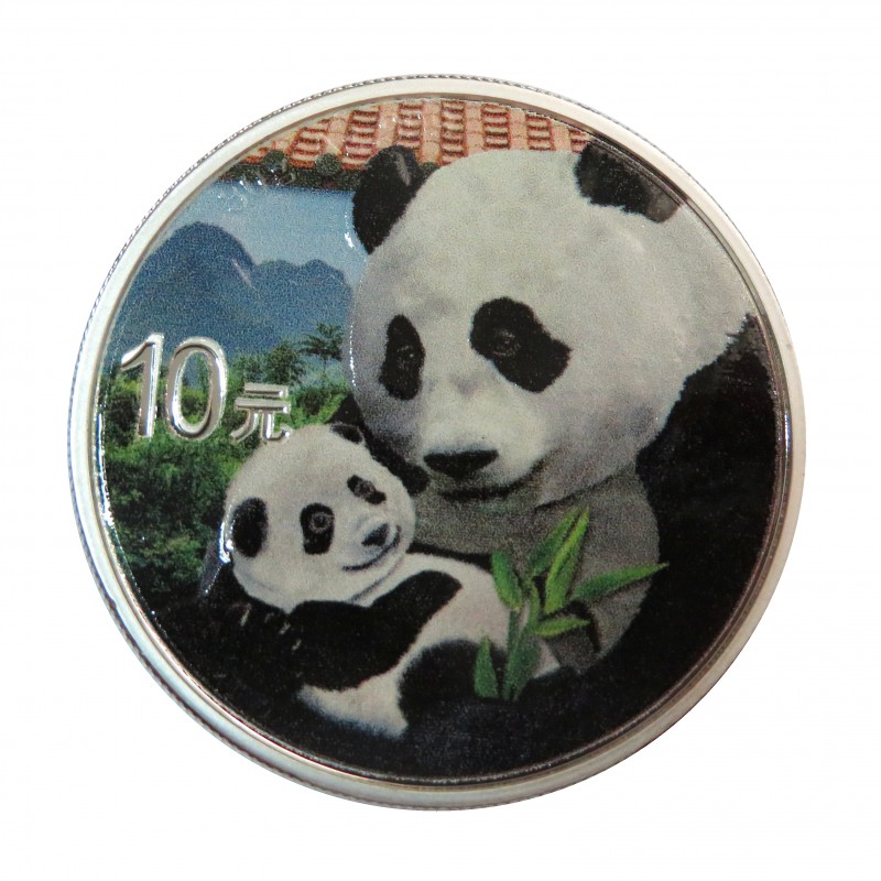 China, 10 Yuan ( 30 grs. Plata 999 mls. ) 2019 Panda coloreado, Tejado.