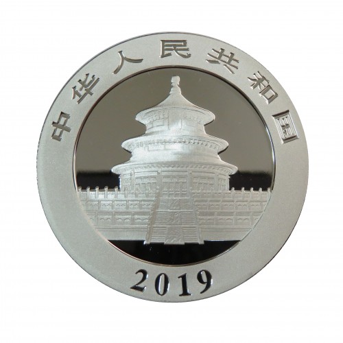 China, 10 Yuan ( 30 grs. Plata 999 mls. ) 2019 Panda coloreado, Tejado.