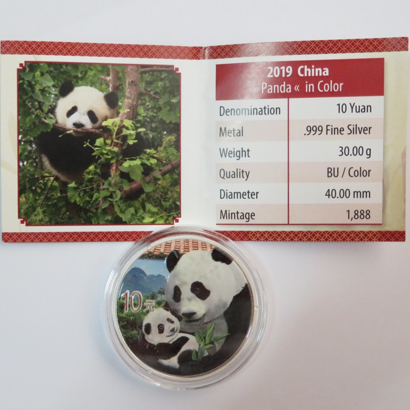 China, 10 Yuan ( 30 grs. Plata 999 mls. ) 2019 Panda coloreado, Tejado.