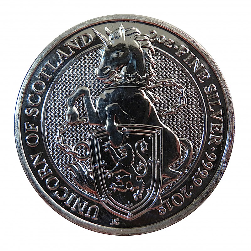 Gran Bretaña, 5 Pounds Plata ( 2 OZ. 999 mls. ) serie Bestias, Unicornio Escocia, BU.