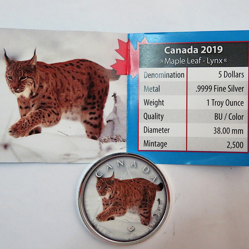 Canadá, 5 $ Plata ( 1 OZ. 9999 mls. ), Maple serie "On the Trails of Wildlife: Lince" 2019.