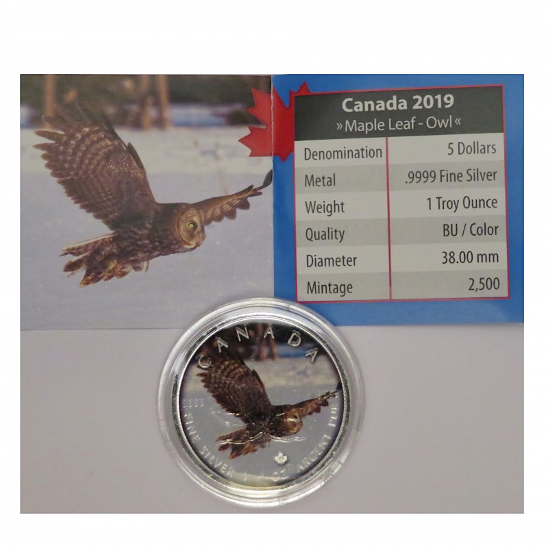 Canadá, 5 $ plata ( 1 OZ. 9999 mls. ), Maple serie "On the Trails of Wildlife: Búho", 2019.