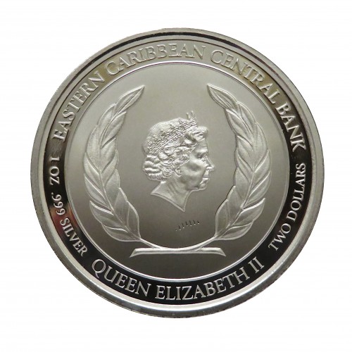 ST. Kitts & Nevis, 2 $ Plata ( 1 OZ 999 mls. ) 2019, Pelícano Marrón II.