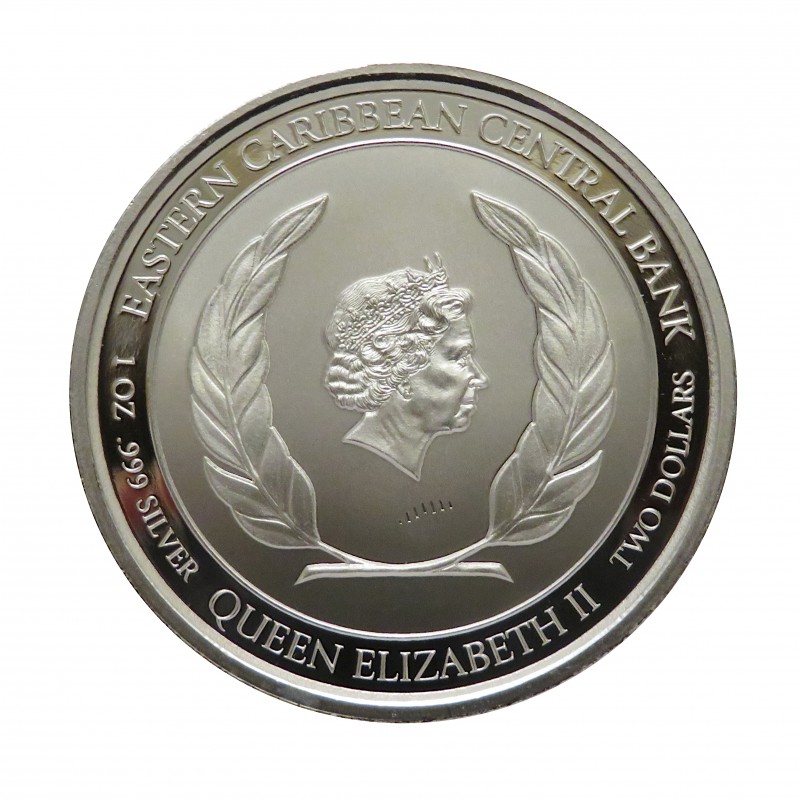 ST. Kitts & Nevis, 2 $ Plata ( 1 OZ 999 mls. ) 2019, Pelícano Marrón II.