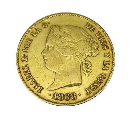Isabel II, 4 Pesos Oro ( 6,70 grs., ley de 900 mls. ), Filipinas 1868 MBC