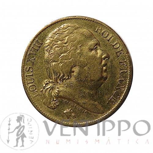 Francia, 20 Francs oro ( 6,43 grs. ley 900 mls. ), 1820 A, MBC.