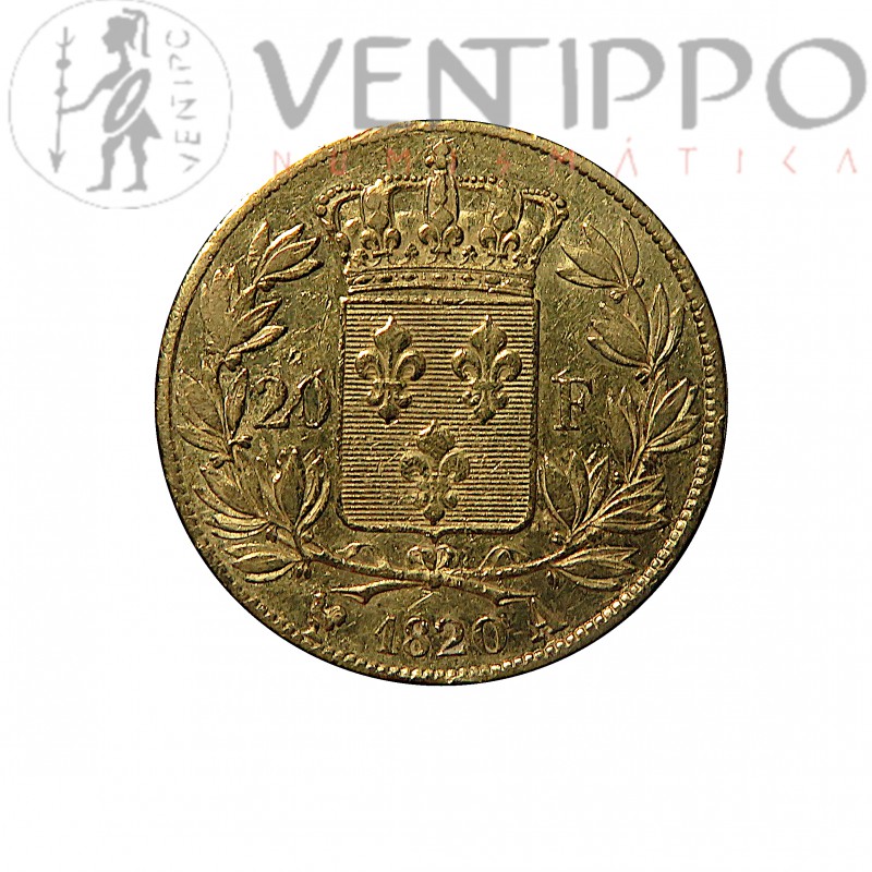 Francia, 20 Francs oro ( 6,43 grs. ley 900 mls. ), 1820 A, MBC.