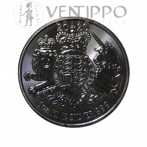 Gran Bretaña, 2 Pounds plata ( 1 OZ. 999 mls. ) Escudo de Armas, 2020, BU.