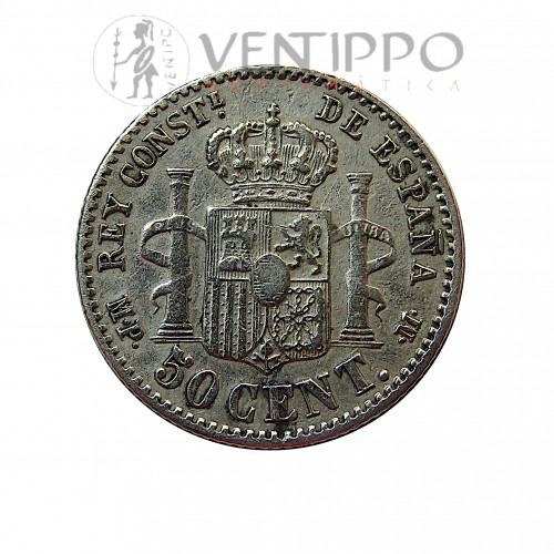 Alfonso XIII, 50 Cents plata , 1889 ( *8 - *9 ) MPM, MBC/MBC+