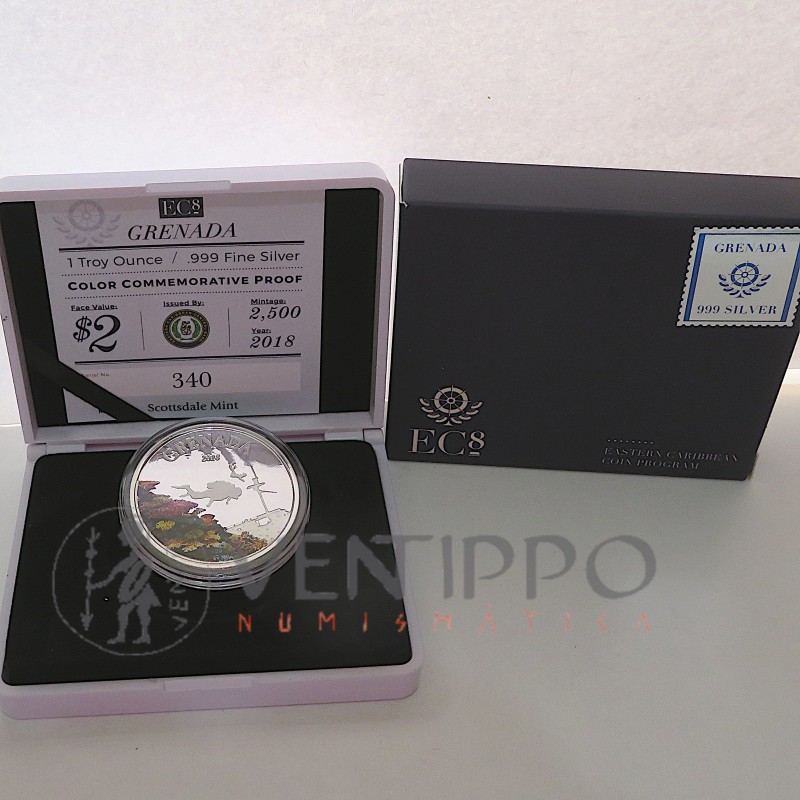 Grenada, 2 $ Plata ( 1 OZ. 999 mls. )2018 Corales, Proof Coloreada.