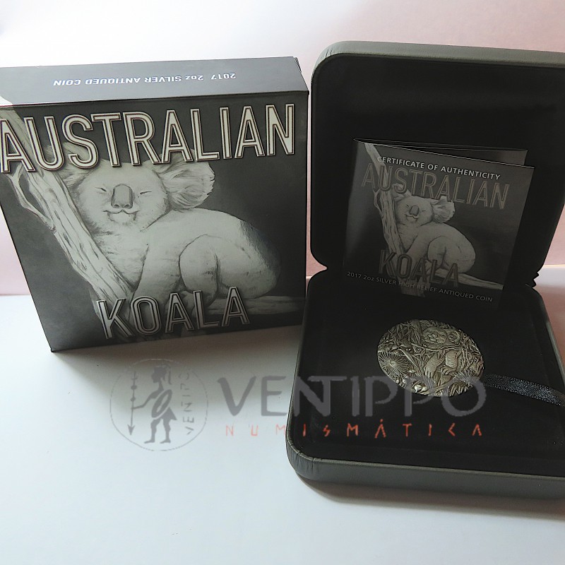 Australia, 2 $ Plat ( 2 OZ. ley 999 mls .) 2017, Koala Antiqued High Reliev.