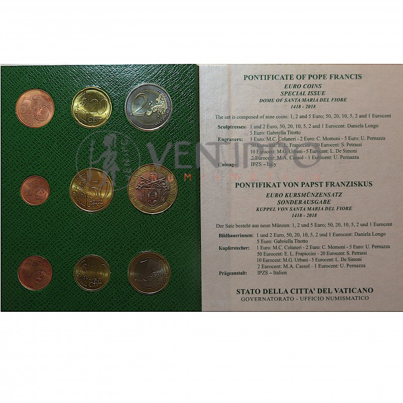 Vaticano, Cartera Oficial 9 Valores 2018,  V Cent. Cúpula St. María del Fiore FDC.