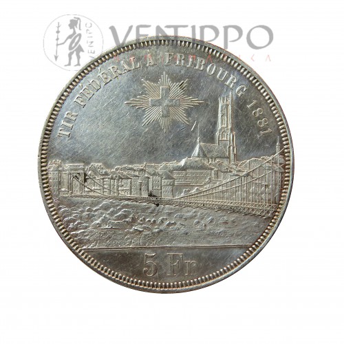 Suiza, 5 Francs plata, Friburgo Festival Tiro, 1881, EBC-