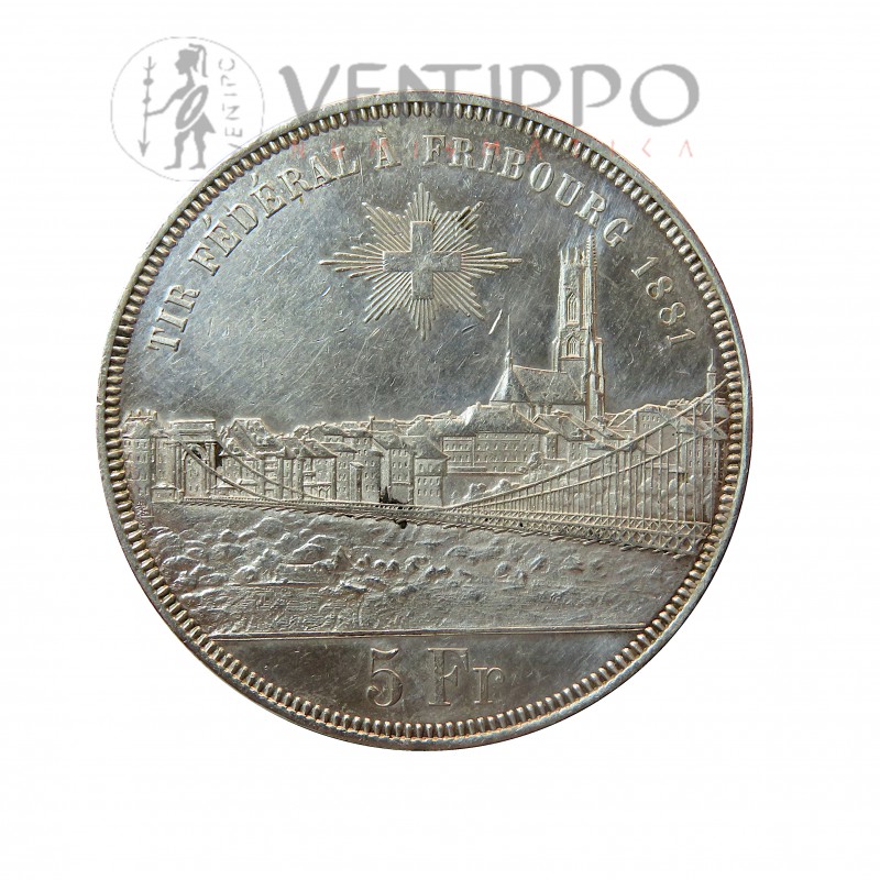 Suiza, 5 Francs plata, Friburgo Festival Tiro, 1881, EBC-