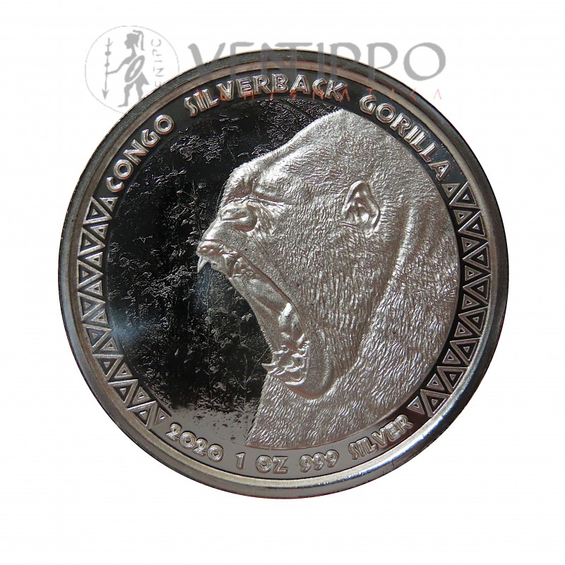Congo, 5000 Francs plata ( 1 OZ. 999 mls. ) 2020 Gorila Espalda plateada, Prooflike.