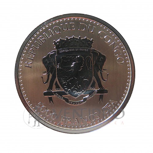 Congo, 5000 Francs plata ( 1 OZ. 999 mls. ) 2020 Gorila Espalda plateada, Prooflike.